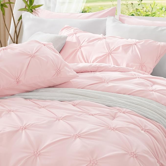 BEDELITE Baby Pink Twin Comforter Set - 2 Peices Boho Pintuck Bedding Comforter Sets, Lightweight Soft & Warm Twin Bedding Sets with 1 Pillowcase for All Season