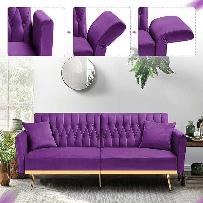 70” Velvet Futon Sofa Bed with 2 Pillows and Adjustable Armrests, Convertible Sleeper Bed W/Adjustable Backrests, Modern Loveseat for Living Room, Bedroom, Purpel