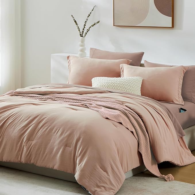 WRENSONGE Full Size Comforter Set- 7 Pieces Clay Pink Bed in a Bag Full Size Comforter with Fitted Sheet, Flat Sheet, 2 Pillow Shams, 2 Pillowcases, Warm Bedding Sets for All Season
