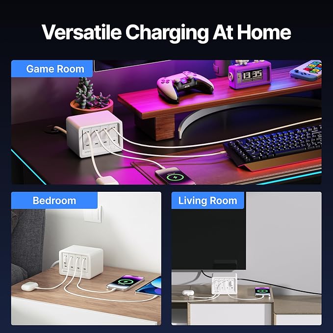 Gitryin 12-in-1 Desktop Charging Station with 3 Retractable Type-C Chargers and 1 Lightning Charger, 40W USB-C Power Strip with 33.5in Cable, Extension Cord with 1020J Surge Protection for Home Office