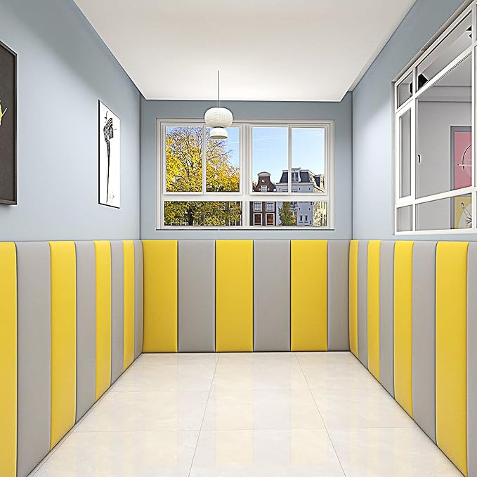 3D Anti-Collision Wall Padding, Peel & Stick Upholstered Panels, Queen Headboard, Playroom Decorative Protection, Pack of 2 Panels - 23.6' X 11.8' (Yellow)