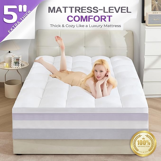 SINWEEK Dual Layer 5 Inch Memory Foam Mattress Topper King Size, 3 Inch Gel Memory Foam Plus 2 Inch 1450 GSM Down Alternative Quilted Pillow Top Mattress Pad Cover, White