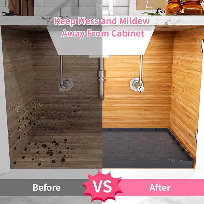 Sdpeia Under Sink Mat 31"×22" Waterproof Silicone Cabinet Liner & Sink Protector for Kitchen & Bathroom, Multi-Purpose Organizers Tray for Pets, Laundry, Cat Litter Mat, Black