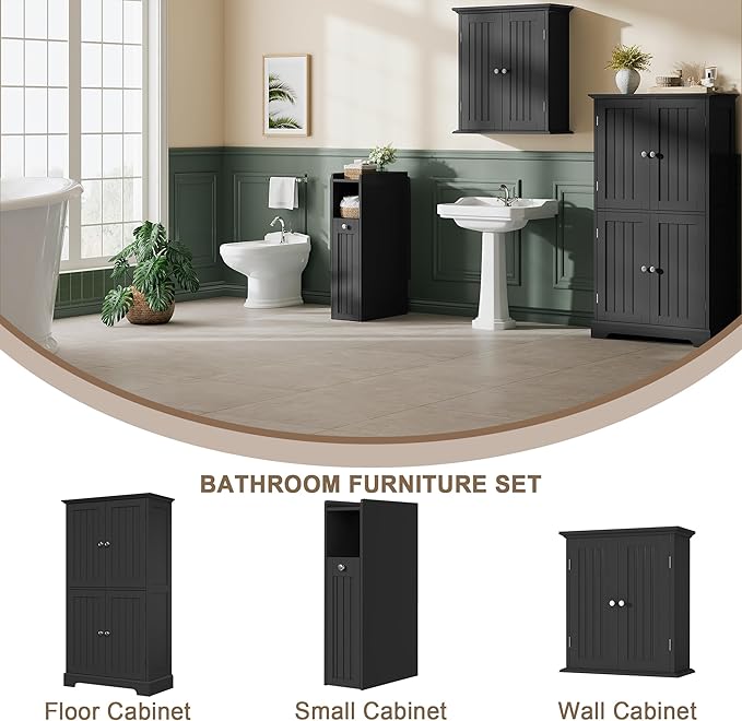 ChooChoo Slim Bathroom Storage Cabinet, Narrow Small Bathroom Organizer with Slide Out Drawer Storage, Toilet Paper Holder, for Small Spaces, Black
