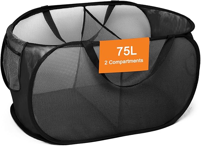 Foldable Laundry Baskets, Collapsible Mesh Laundry Hamper, Durable Pop Up Laundry Basket, 2 Compartments Clothes Hampers for Laundry, Easy to Carry & Sort for Dorm, Home, Kids Room, Travel Black