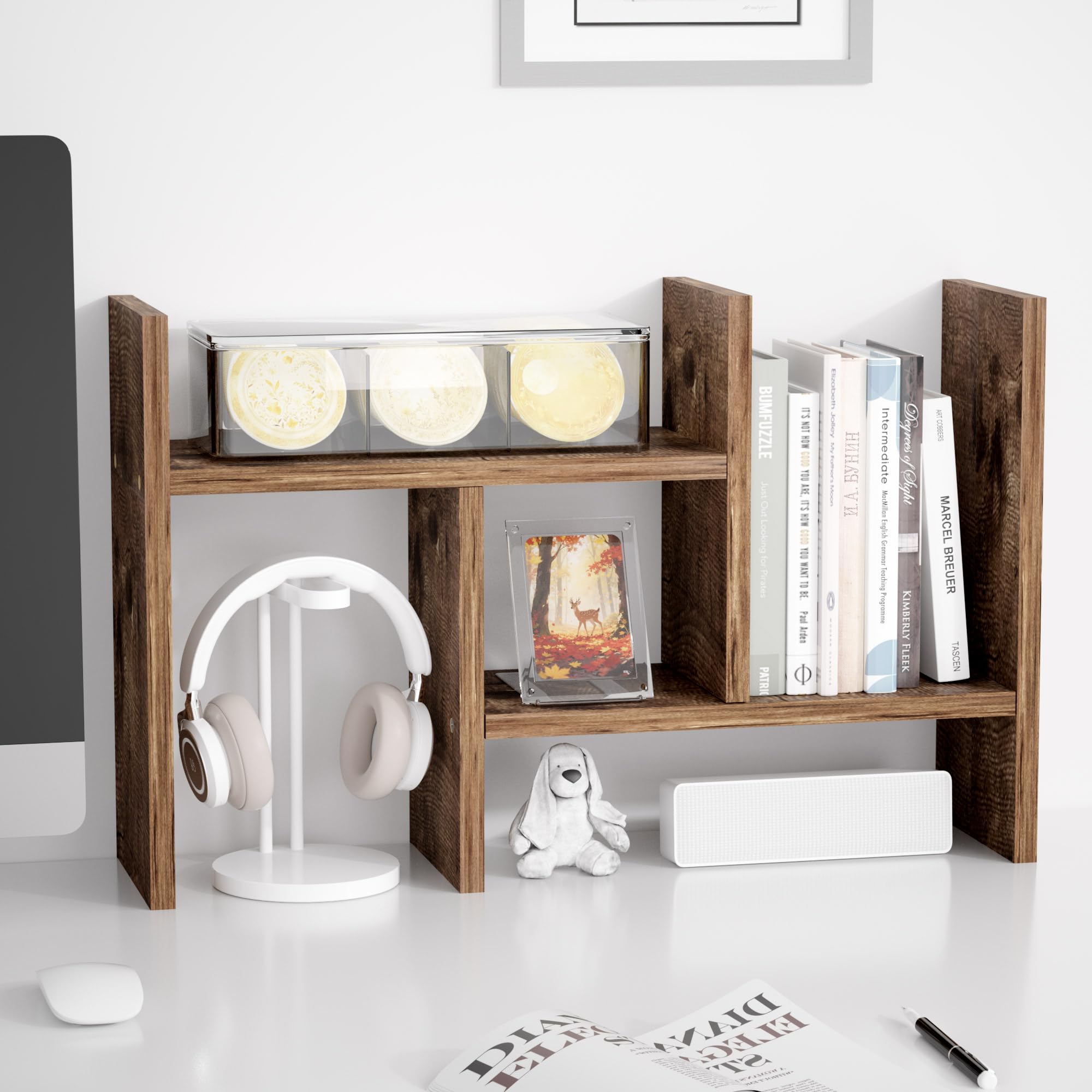 Jerry & Maggie Desktop Organizer Office Storage Rack Adjustable Wood Display Shelf Free Style Double H, Multi-Functional Mini Bookshelf for Desk Natural Stand (Violet) Dormly