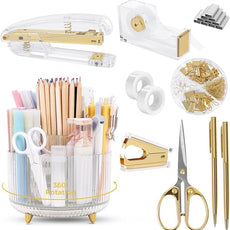 SKYDUE Gold Office Supplies Set, Pencil Holder for Desk,Gel Pen, Stapler, Tape Dispenser, Scissors,Clips and 1000pcs Staples, Office Decor for Women, Gold Desk Accessories