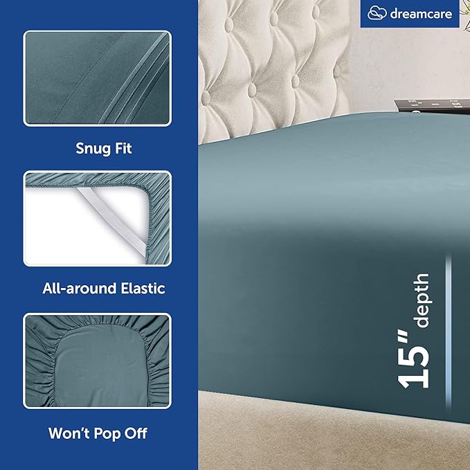 DREAMCARE King Size Sheets Set - Cooling Bed Sheets - 4pcs Set - up to 15" Deep Pocket King Sheet Set – Soft & Long Lasting Cooling - 100% Fine Brushed Microfiber with Side Pocket - Mineral Blue DREAMCARE