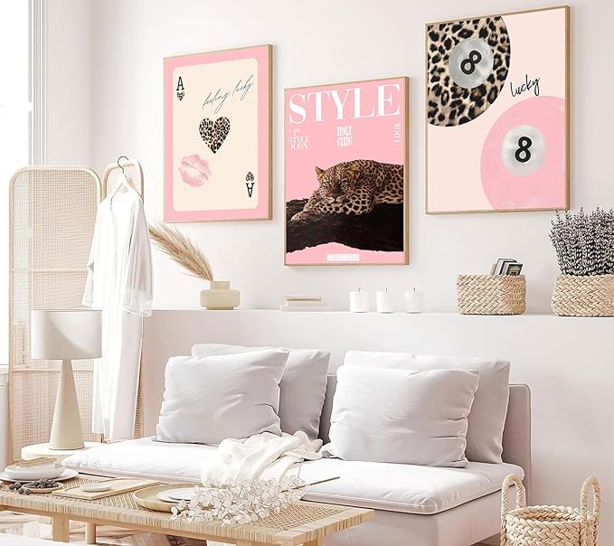 3Pcs Trendy Pink Leopard Wall Art Preppy Leopard Lucky 8 Ball Posters Printings Y2k Coquette Funky Cheetah Aesthetic Room Wall Decor for College Apartment Girls Bedroom Home Decoration 16x24in