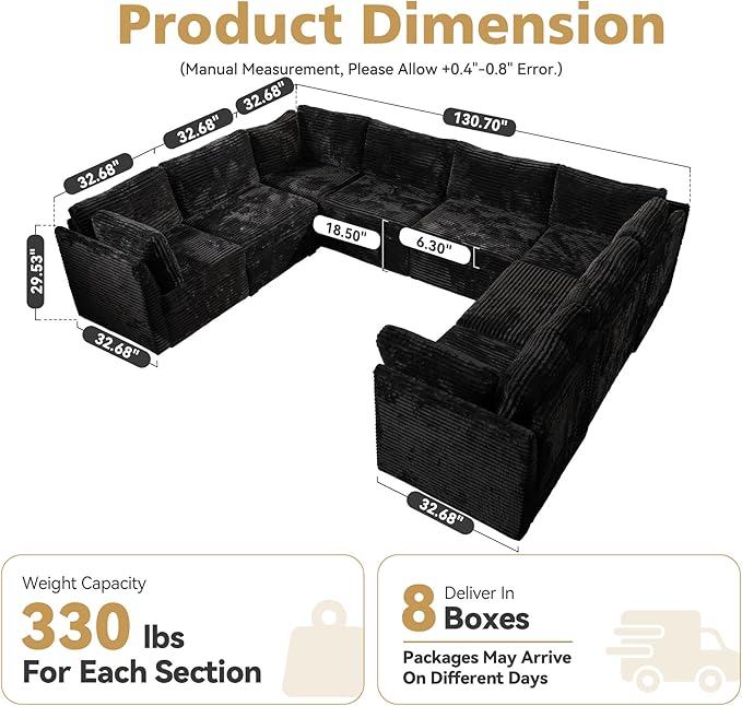 Large 8 Seat Modular Sectional Sofa with Ottoman Seat Corduroy Sleeper Sectional Sofa Bed Oversized Convertible Modular Couch for Living Room