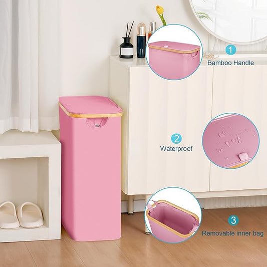 efluky Slim Laundry Basket with Lid, Narrow Laundry Hamper with Removable Bag, Skinny Dirty Clothes Basket with Bamboo Handles for Bathroom, Bedroom & Laundry Room, 65L Pink