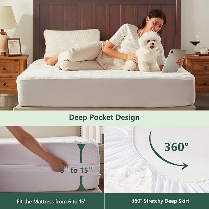 Twin Size Waterproof Mattress Protector, 40% Rayon Derived from Bamboo Cooling Mattress Pad Cover, 3D Air Fabric Breathable Mattress Pad Fitted with Deep Pocket 6"- 15" Machine Washable