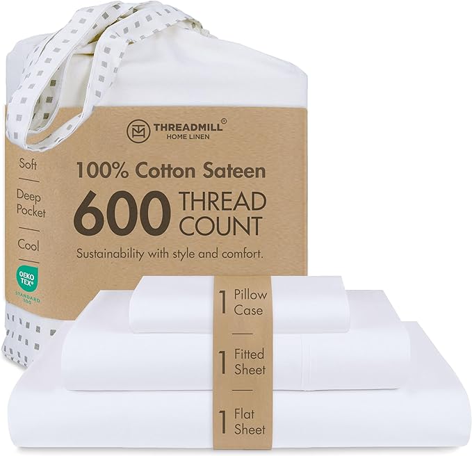 Threadmill 100% Cotton Sheets for Twin XL Size Bed - 600 Thread Count Twin XL Bed Sheets Set with 15” Deep Pocket - Sateen Weave 3-Piece Bedding Set with Cooling Effect, White