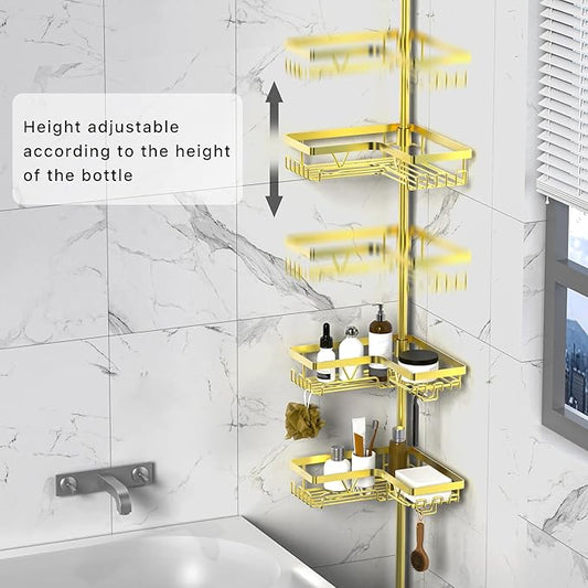 KEGII Shower Caddy Tension Pole, 4-Tier Corner Shower Tension Rod Organizer No Drilling, Floor to Ceiling Bathroom Caddy 25-114.2 inch, Adjustable Bath Tub Shampoo Holder for Corner, Gold