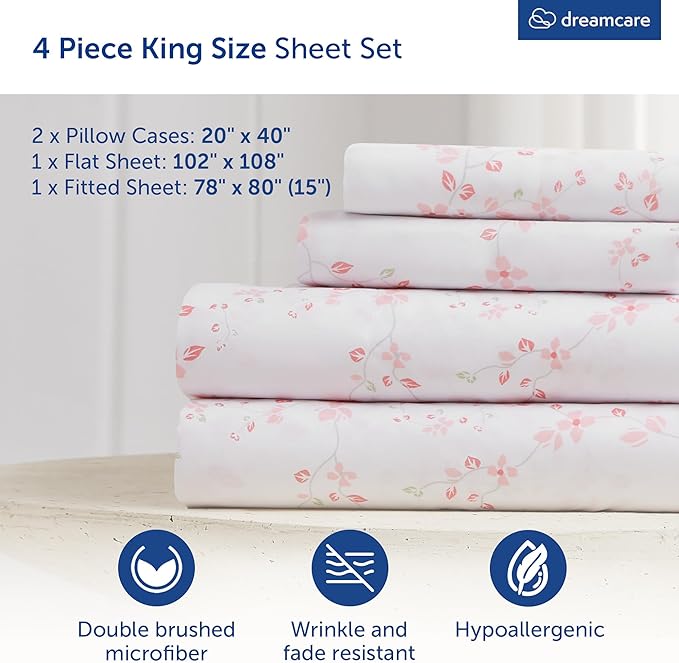 DREAMCARE King Size Sheets - Floral Sheets Bed Set - 4pcs King Sheet - Cooling Bed Sheets - King Size Sheet Sets - Soft & Long Lasting - Floral Blossom DREAMCARE