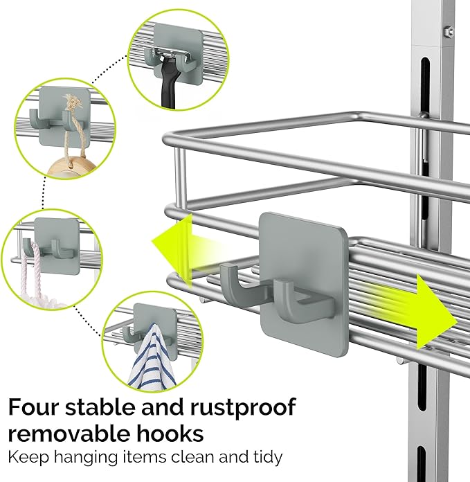 Orimade Over The Door Shower Caddy Adjustable 3 Tier Silver,Bathroom Hanging Organizer Shelf Rustproof with 4 Hooks,Shower Basket with Soap Holder and Suction Cup
