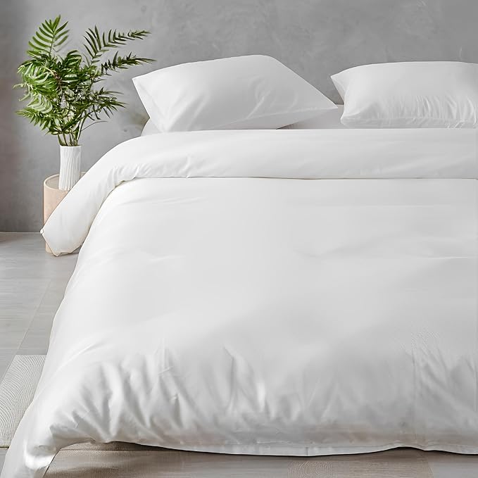 HeimenAogo Queen Size Tencel Cotton Duvet Cover - Silky Smooth Luxury Hotel Collection Bedding Set, 90x90 Inch Comforter Cover, Zipper Closure, Bright White