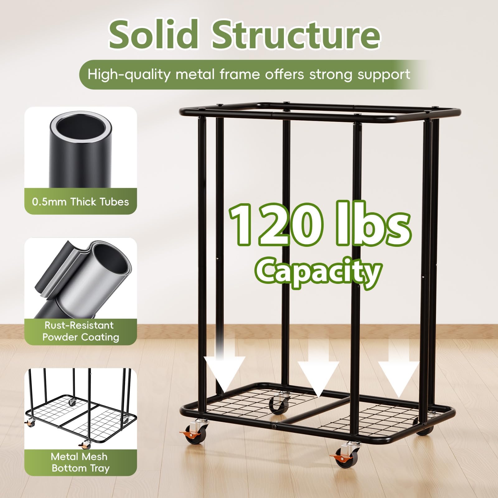 150L Laundry Hamper with Wheels, Rolling Laundry Basket with Metal Frame and Removable Bag, Large & Tall Dirty Clothes Hampers for Bedroom Aesthetic, Laundry Room, Bathroom, Dorm-Black Dormly