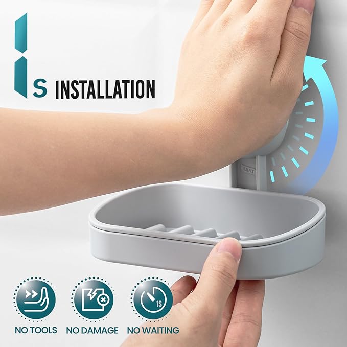 TAILI Soap Dish Bar Holder Suction Cup,SoapSaver with Powerful Vacuum Suction,Sponge Holder for Shower,Bathroom,Tub andKitchen Sink,Universal Shower Accessories,Drill-Free,Removable,2 Pack,Grey