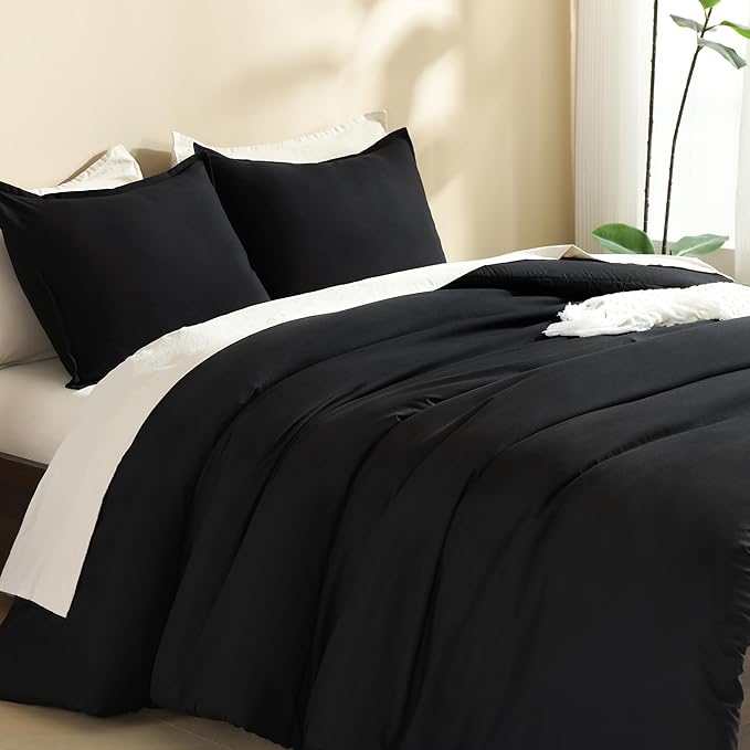 Litanika Comforter Set, Lightweight Solid Bedding Comforter Set, Fluffy Down Alternative Bed Set, Black, Oversized King
