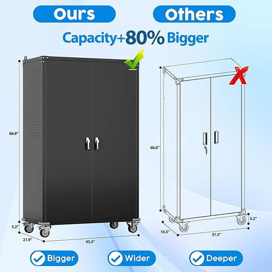 2025 Upgraded Wide & Deep Garage Storage Cabinet with Wheels, Lockable Metal Storage Cabinet with Pegboards and 9 Hooks, 2 Tool Pouches for Garage,4 Adjustable Shelves (Black,43''W x 22''D x 72''H)