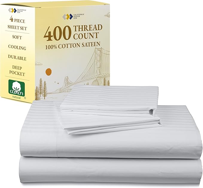 California Design Den Striped Queen Sheet Set - Soft 400 Thread Count Sateen, Natural 100% Cotton Sheets with Deep Pockets, and Durable Bedding Set - Striped White CaliforniaDesignDen