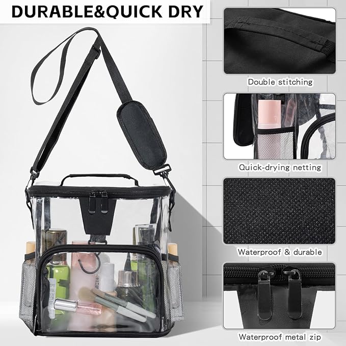 Transparent Portable Mesh Shower Organizer – Hanging Toiletry Bag with Handles & Strap, Quick-Dry for Bathroom, Gym, Travel, Camping & College Dorms