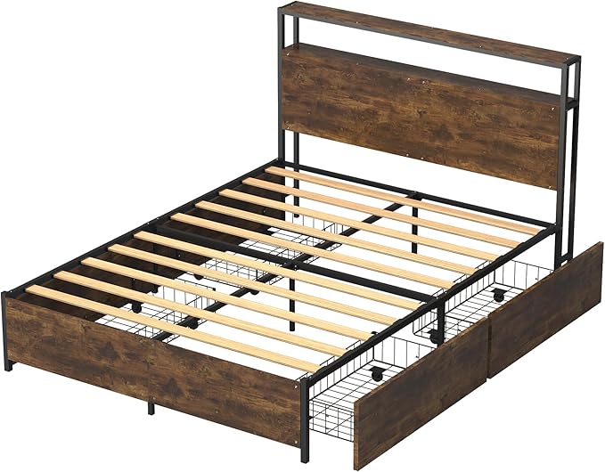 Panana 14 Inch Queen Size Bed Frame,Industrial Metal Platform Bed Frame with 2 Tier Storage Wooden Headboard and Footboard,4 Storage Drawers,No Box Spring Needed,Black&Brown