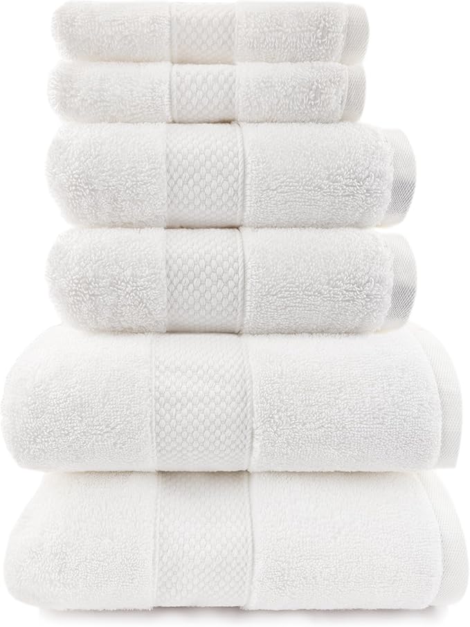 Maisonette Loft Egyptian Cotton Turkish Bathroom Towels Set, Soft & Absorbent, Ideal Quick Dry Luxury Hand & Large Bath Towels, Washcloths (6 Pack), White