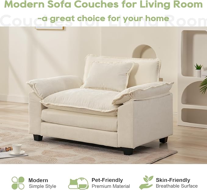 Modular Sectional Sofa, Comfy Cloud Couch Sectional Sofa, Chenille Sofa Sleeper Deep Seat Sofa with Throw Pillows for Living Room (Beige White, 53"- Single Seat)