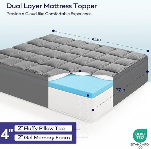 OLANLY Dual-Layer 4 Inch Cal King Size Memory Foam Mattress Topper for Back Pain, 2 Inch Cooling Pillow Top Mattress Pad Cover and 2 Inch Gel Memory Foam Topper, Deep Elastic Pocket, Grey