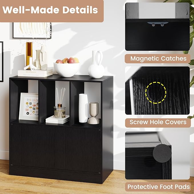 GOFLAME 3 Cube Bookcase with Doors, 3-Tier Cubby Book Shelf with 3 Open Compartments, Cabinet, Wooden Small Display Shelf, Freestanding Cubic Storage Organizer for Living Room, Study (2,Black)