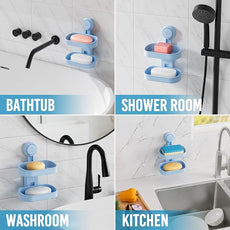 TAILI Double Layer Soap Dish Holder Suction Cup, Strong Sponge Holder for Shower, No Tools Soap Saver for Bathroom, Tub and Kitchen Sink, Shower Accessories, Drill-Free, Removable, Blue