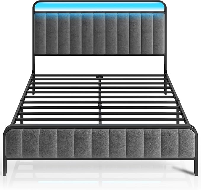 Rolanstar Full Size Bed Frame with LED Light and Charging Station, Upholstered Headboard and Footboard, Metal Slat, Noise Free, Easy Assembly, Dark Gray