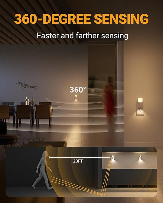 Lyridz LED Plug-in Night Light with 360° Motion Sensor, 1-150 Lumens Dimmable Nightlights Indoor for Bathroom, Bedroom, Hallway, Stairs, Pet House, 2 Pack