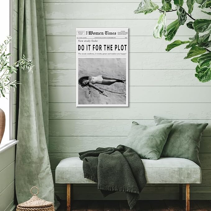 Vintage Women Times Do It for The Plot Wall Art Trendy Black and White Canvas Print Poster Vintage Woman Times Newspaper Prints Beachy Hot Girl Wall Decor for Bar Cart Girls Dorm Bedroom 16x24inch Framed