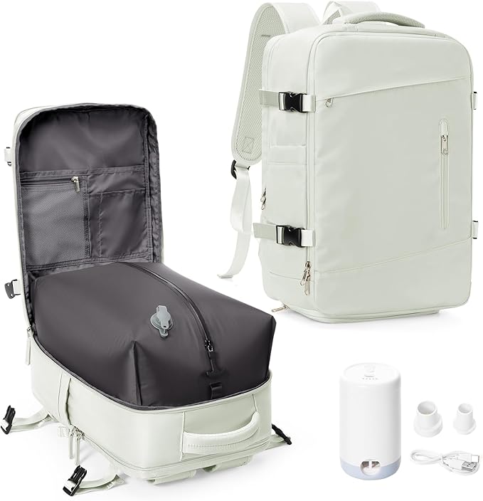 suwasp Vacuum Travel Backpack with Electric Vacpack Pump for Women, 40L Expandable Vacuum Compression Bags Personal Item Backpack Flight Approved Vacuum Seal Backpack for Traveling, White