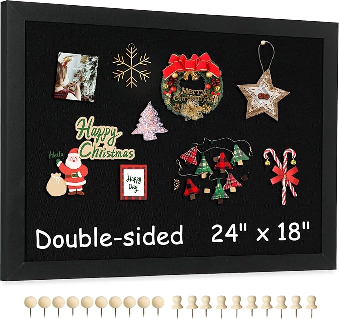 Double-Sided Black Cork Board with Linen, 24" x 18" Hanging Wood Framed Large Bulletin Board, Picture Display Vision Board Kit Corkboards for Wall Room School Office Decor, 20 Pushpins