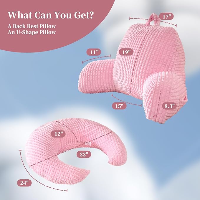 Reading Pillow for Bed,U Shaped & Back Support Pillow for Bed,17" Backrest with Lumbar & Arm Support,Comfy Flannel Fabric,Lap Pillow for Gaming/Reading/Watching TV,Pink