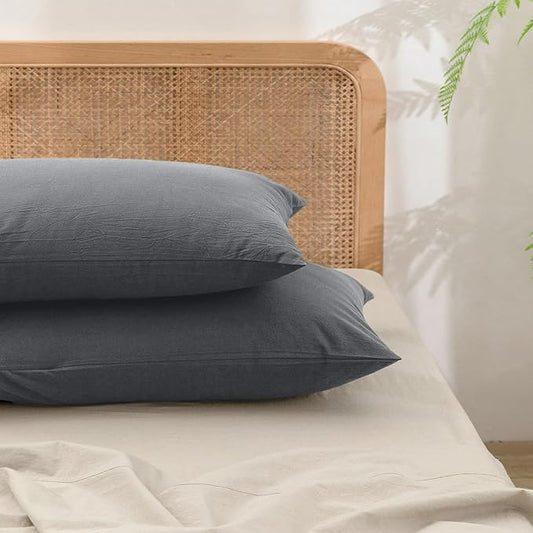 BESTOUCH 100% Washed Cotton Pillowcase for Hair and Skin Linen Feel Soft Comfortable Breathable 2 Set Pillow Case with Envelope Closure Solid Quiet Shade Grey King 20x36 Inches