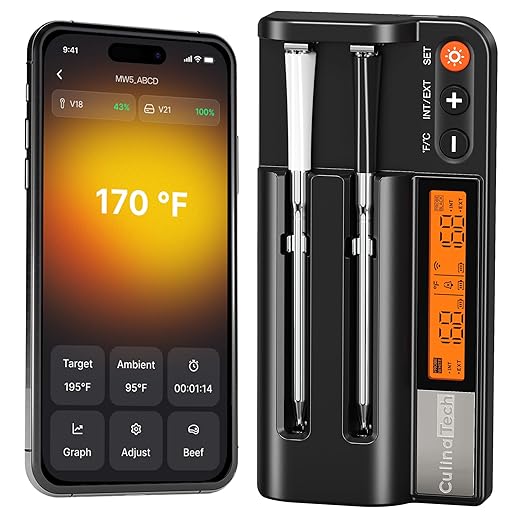 750ft Wireless Meat Thermometer Long Range for Smoker, BBQ & Rotisserie, 2 Probes Smart Bluetooth Thermometer Dual Sensor Waterproof Probe with LCD Base Station Display & App Control