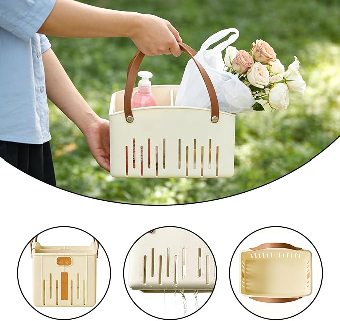 Small Shower Caddy, Shower Basket with Handle and Adjustable Divider, Portable Shower Caddy for Bathhouse, Gym, Camping, Travel (Cream)