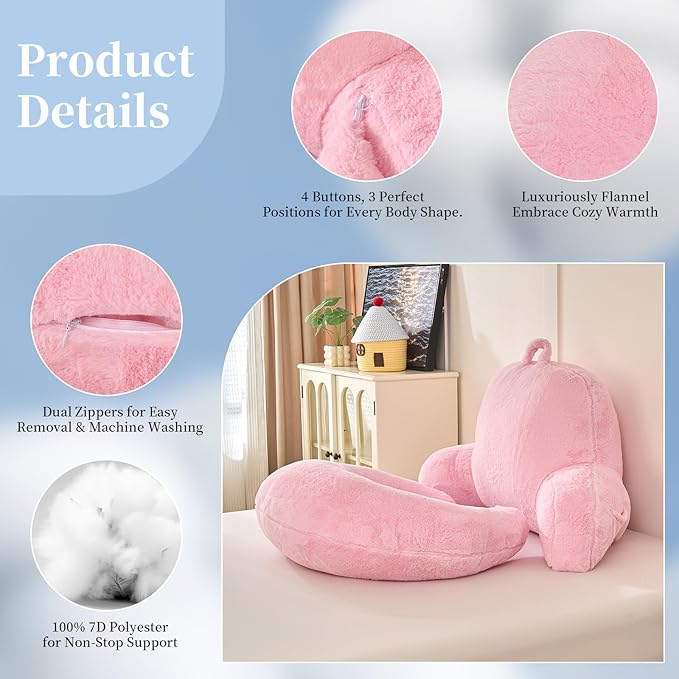 Reading Pillow for Bed,U Shaped & Back Support Pillow for Bed,17" Backrest with Lumbar & Arm Support,Luxurious Faux Rabbit Fur,Gaming PillowFor Crochet/Reading/Watching TV,Pink
