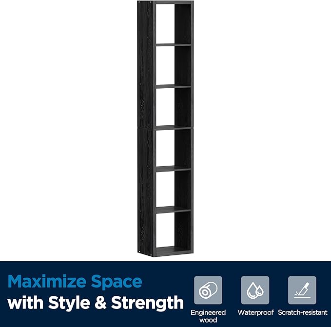 6 Cube Storage Organizer Single Row, Cube Shelf with Heavy-Duty Thick Boards, 13.31" L x 9.37" W x 72.36" H, Smooth Easy-Clean Panels, Simple Assembly, for Living Room Bedroom Office, Black