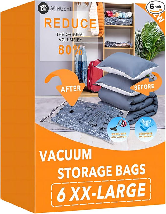 6 XX Large Vacuum Storage Bags, Space Saver Sealer Compression Bags for Blankets, Comforters, Pillows, Clothes Storage