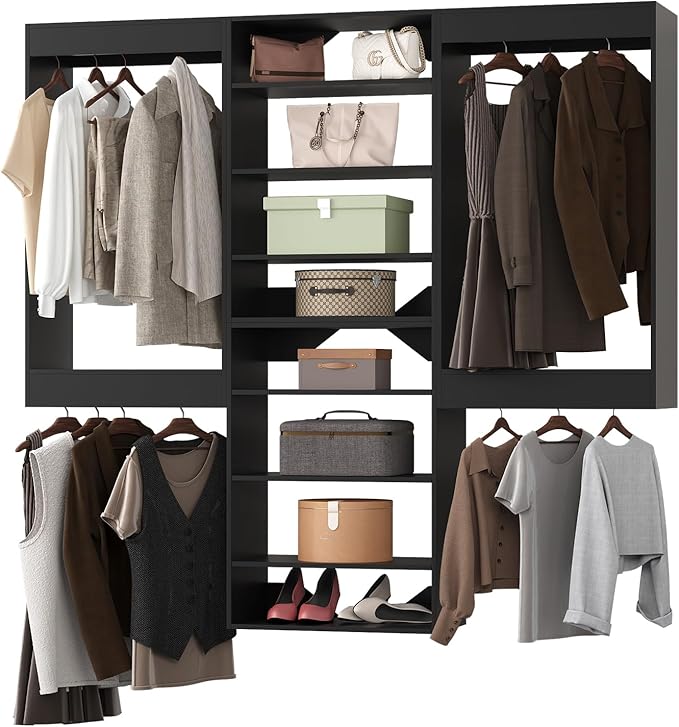 Modular Closet System, 72" Wide Closet Organizer System with Hanging and Towers, Wood Tower Closet Storage for Walk In Closets, Wall Mounted Wardrobe Organizer Kit System, Bedroom, Black