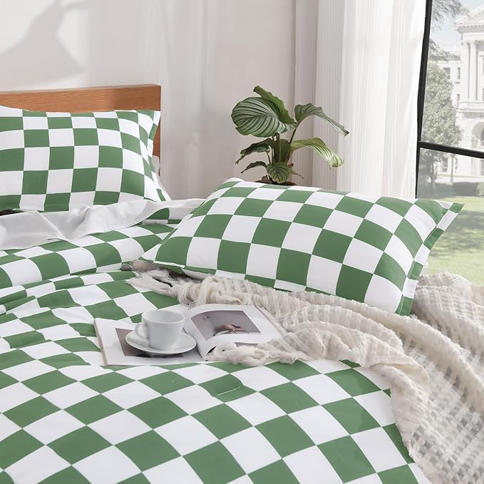 Andency Green Checkered Comforter Queen(90x90Inch), Plaid Gingham Buffalo Grid Bedding Comforter Sets for Boys Kids Teens, 3 Pieces Lightweight Microfiber Geometric Preppy Bed Set
