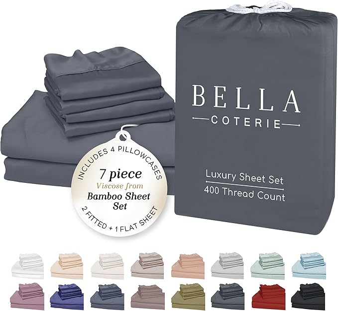 Bella Coterie 7 Piece Luxury Bamboo Viscose Split King Size Sheet Set | 2 Fitted Sheets for Adjustable Beds | 100% Organically Grown | Cooling for Hot Sleepers | 4 Pillowcases [Charcoal Grey] BC