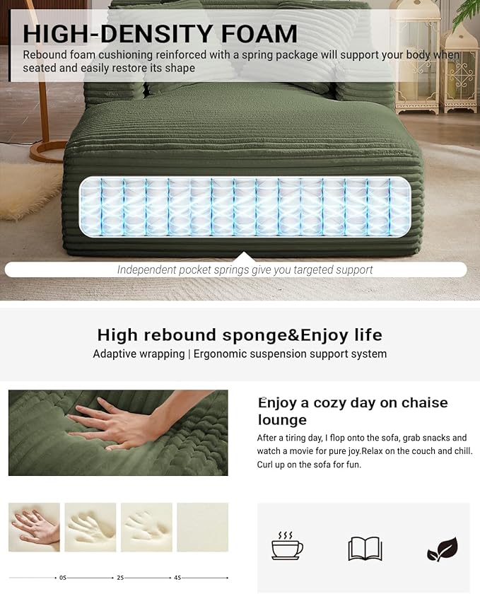 67 Inch Chaise Lounge Chair Indoor, Oversized Corduroy Upholstered Boneless Sofa Bed, Deep Seat Sleeper Couch Reading Chairs, Cloud Sofas Couches for Living Room, No Assembly Required (Olive Green)
