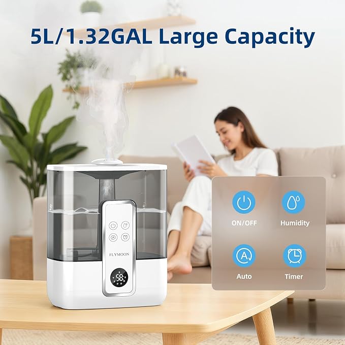 Flymoon 5L Quiet Mist Humidifier for Bedroom Large Room, Air Humidifier for Baby & Plants, Top Fill, 28dB, 3 Mist Levels, 12H Timer, App Control, White